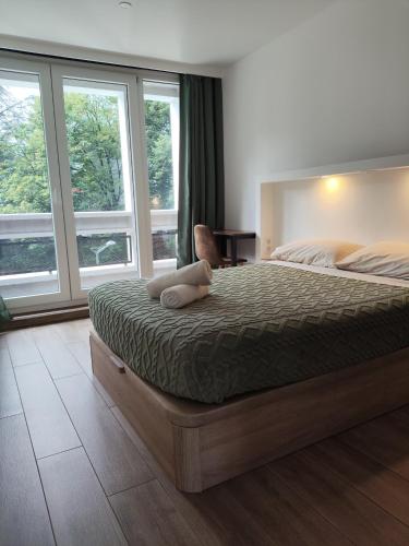 - une chambre avec un lit, une chaise et des fenêtres dans l'établissement 3 Chambres 3 Salles de bain Vue panoramique Lyon, à Lyon