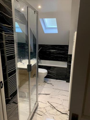une salle de bain avec une douche en verre et des toilettes dans l'établissement Appartement #4 cœur de ville, au Mans