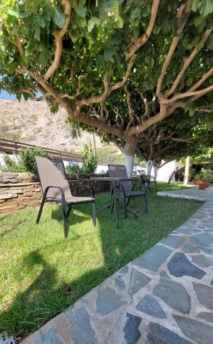 a group of chairs and a table under a tree at Stelios Studios Sougia in Sougia