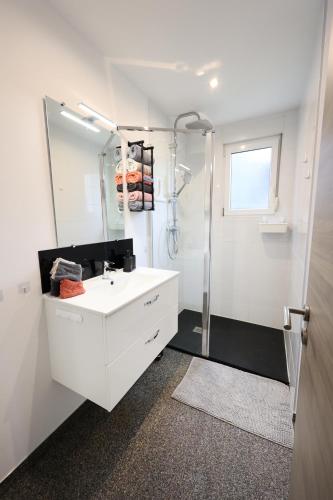 une salle de bain blanche avec un lavabo et une douche dans l'établissement Gîte Le Ruisseau, à Mackenheim