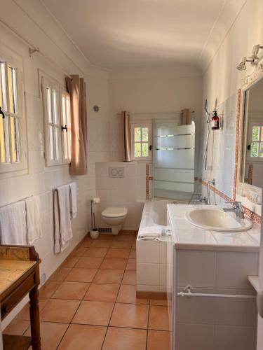 a white bathroom with a sink and a toilet at Hotel-Restaurant Le Moulin De La Camandoule in Fayence