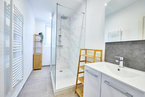 une salle de bain avec un lavabo et une douche dans l'établissement BE-4D - Appartement F3 pour 1-4 pers au 4ème étage au centre de Mulhouse, à Mulhouse