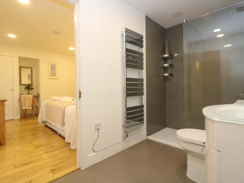 1 cama y baño con ducha y aseo. en Juniper, en Truro