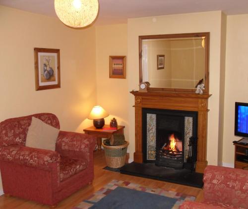 a living room with a fireplace and a television at The Jays in Bryansford