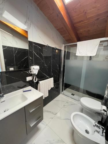 a bathroom with a sink and a toilet and a shower at Alma Suite Bed and Breakfast in Nettuno