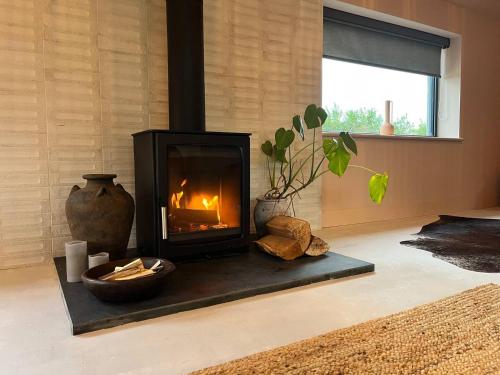 a fireplace sitting in a living room with at Alynfa Barn House Rhosniegr in Rhosneigr