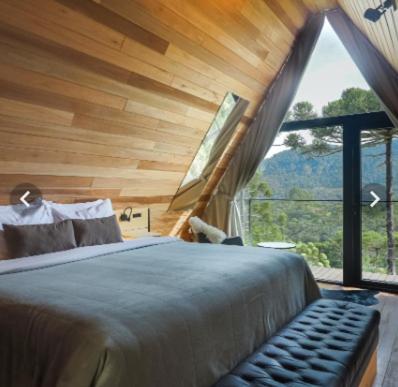 a bedroom with a bed and a large window at La Mansarda Hotel in Urubici