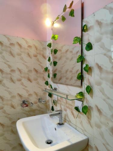 a bathroom with a sink and a mirror with a plant at Golden Glade in Weligama