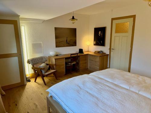 a bedroom with a bed and a desk and a chair at Domus Purpurea in Yverdon-les-Bains