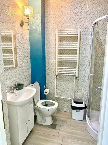 a bathroom with a toilet and a sink and a shower at Summerland Seaview Apartments in Mamaia