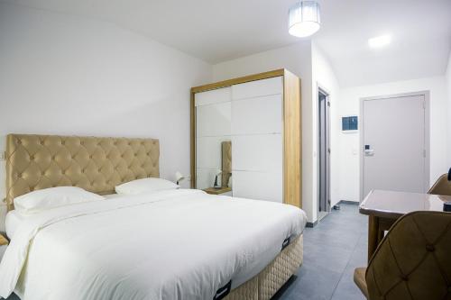 a bedroom with a large bed and a large mirror at Résidence la floraison in Brussels