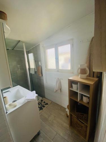 une petite salle de bain avec un lavabo et un miroir dans l'établissement Chalet de plage, authentique !, à Gruissan