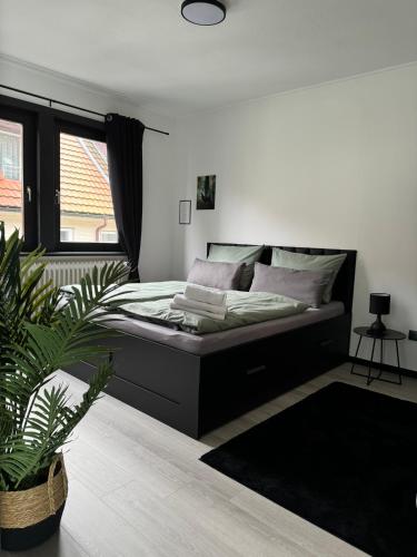 a bedroom with a bed and a potted plant at Jacks Ferienhaus Braunlage nähe der Seilbahn in Braunlage