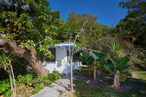 un hangar blanc au milieu de quelques arbres dans l'établissement Miami Pool Cottage, tropical garden paradise, à Miami