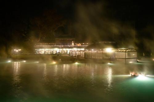 a view of a lake at night with lights at Parco Termale di Villa Dei Cedri in Lazise
