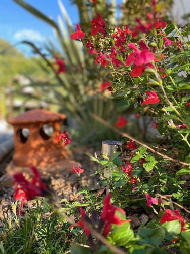 a flower garden with red flowers and a statue at L'échappée créative in Grenade-sur-Garonne