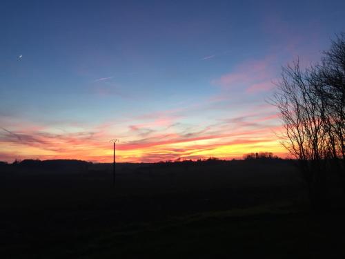 a sunset with a street light in a field at La BerryCurienne proche du Zoo de Beauval Saint-Aignan avec SDB, WC ET SPA PRIVATIF pour chaque chambre in Luçay-le-Mâle