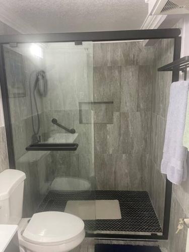 a bathroom with a shower with a toilet and a sink at Idyllic escape in Mandeville