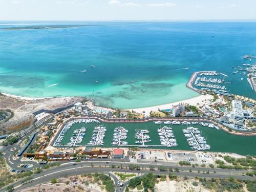 an aerial view of a marina with boats at Casa Manta in La Paz