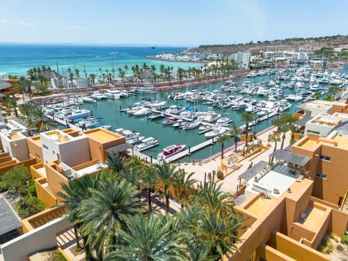 an aerial view of a marina with boats at Casa Manta in La Paz