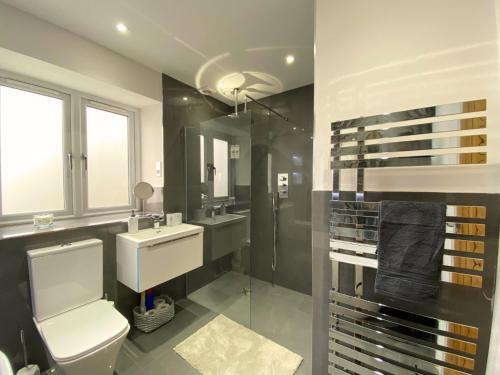 a bathroom with a toilet and a sink and a shower at House - Sleeps 9 & Private Garden in Leeds
