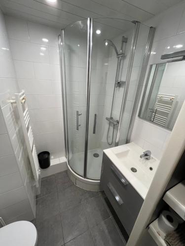une salle de bain avec douche et lavabo dans l'établissement Meublé La Baule Plage Benoit, à La Baule