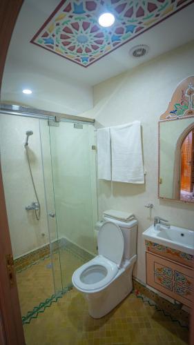 a bathroom with a shower and a toilet and a sink at Riad Golden Mansour in Meknès
