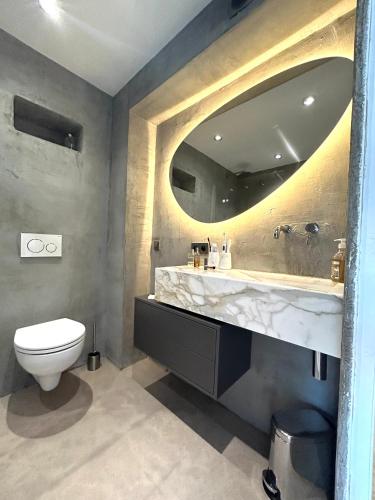 une salle de bain avec un lavabo, des toilettes et un miroir dans l'établissement Riviera rooftop - front de mer avec terrasse dans le centre, à Antibes