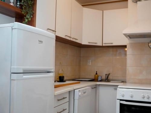 a kitchen with white cabinets and a white refrigerator at Apartman Ina stan na dan in Donje Mladice