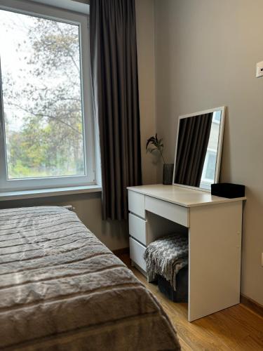 a bedroom with a dresser and a desk with a mirror at Urban Elegance by Eagles' Bridge in Sofia