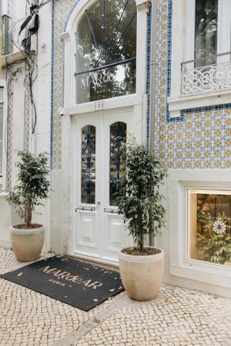 a store door with two potted trees in front of it at M'AR De AR Auria in Lisbon