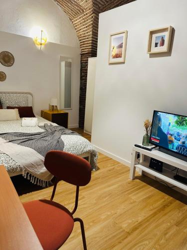 a bedroom with a bed and a television on a table at Casa D'Arriaga in Beja