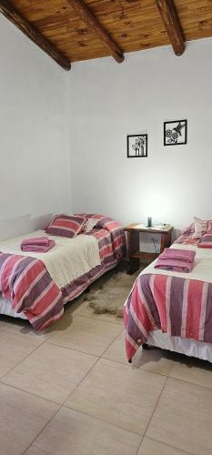 Un dormitorio con dos camas y techo de madera. en Altos del Rivadavia, en Villa Lago Rivadavia