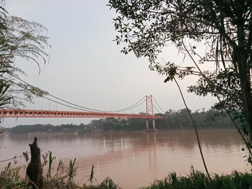 Tantiri River Resort في بويرتو مالدونادو: جسر معلق فوق نهر به ماء