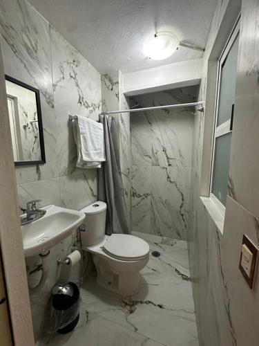 a white bathroom with a toilet and a sink at Montecarlo in Toluca