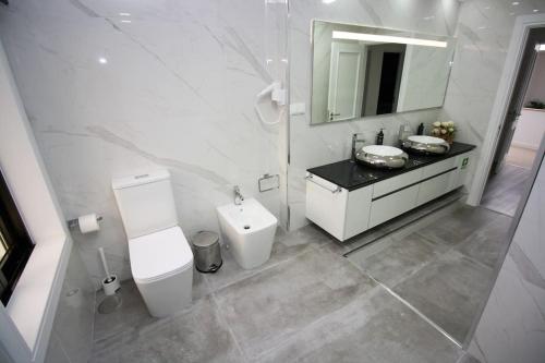 a bathroom with a toilet and a sink and a mirror at Requinte House in Nogueira de Cravo