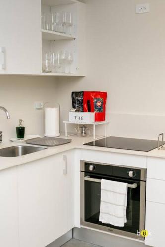 a white kitchen with a sink and a oven at Escalante Executive Studio AC in San José