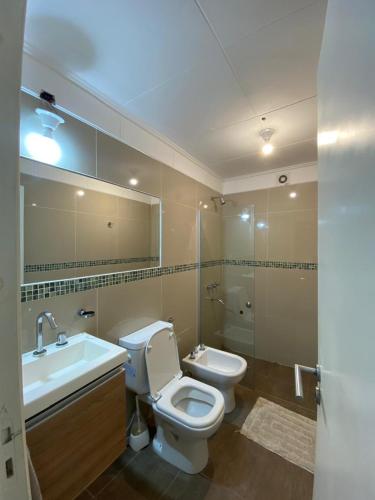 a bathroom with a toilet and a sink and a mirror at Depto Centrico Exclusivo in Villa Carlos Paz