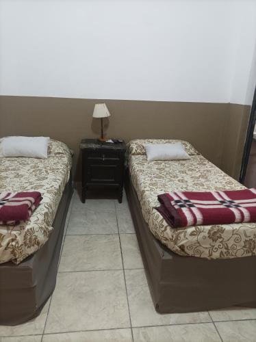 two beds sitting in a room with a nightstand and sidx sidx sidx at Hotel Piamonte in Buenos Aires