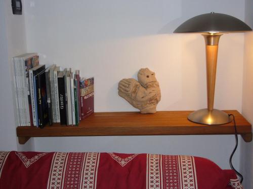 a shelf with a stuffed animal and a lamp and books at Le Chaton Fait Ronron in Quart