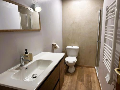 une salle de bain avec un lavabo et des toilettes dans l'établissement Charmant 2 pièces avec jardin près téléski - FR-1-464-245, à Pralognan-la-Vanoise