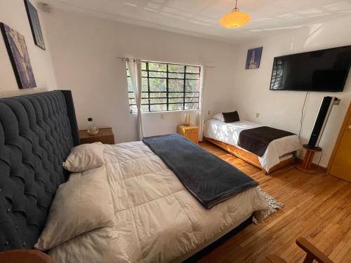 a bedroom with two beds and a flat screen tv at Hostal Roma Condesa in Mexico City
