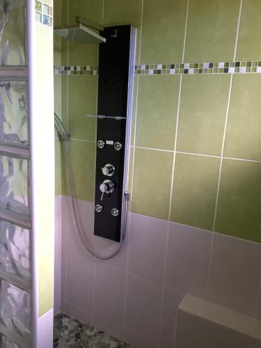 une douche dans une salle de bain avec une porte vitrée dans l'établissement Villa La Marpierre, à Mondragon