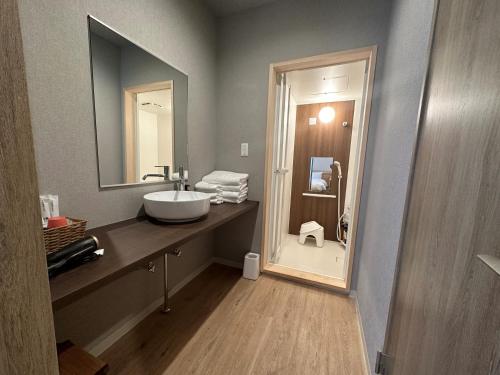 a bathroom with a sink and a mirror at Mieux Forest in Uenohara