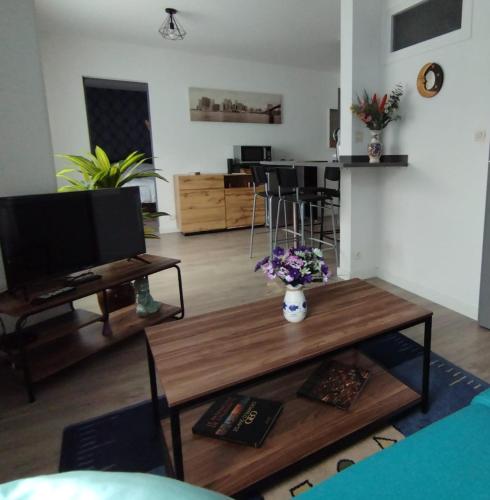 un salon avec une télévision et une table dans l'établissement Chazy pres de la cité de l'espace, à Toulouse