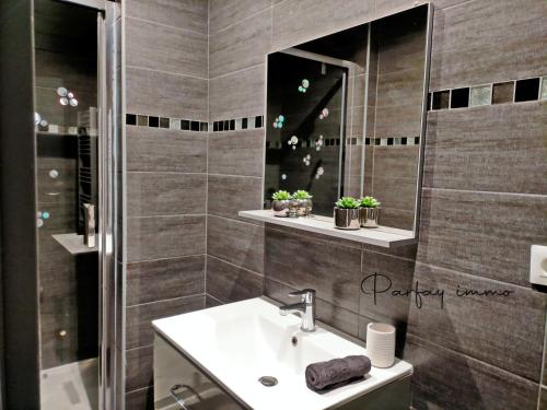 une salle de bain avec un lavabo et un miroir dans l'établissement Le Bogolan ~ Cosy & Design, à Clermont-Ferrand
