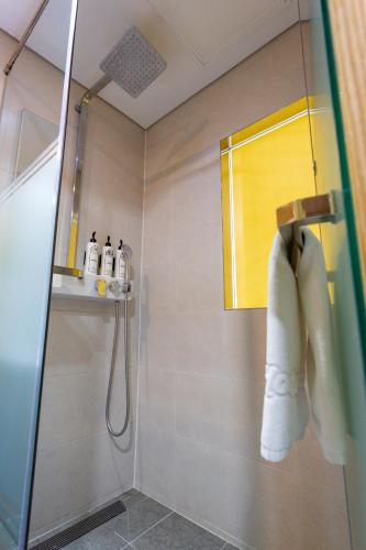 a bathroom with a shower with a towel on a rack at The Recenz Dongdaemun Hotel in Seoul