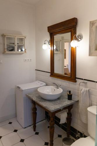 a bathroom with a sink and a toilet and a mirror at Green Terrace 10min from TERMAL BATH in Komárom