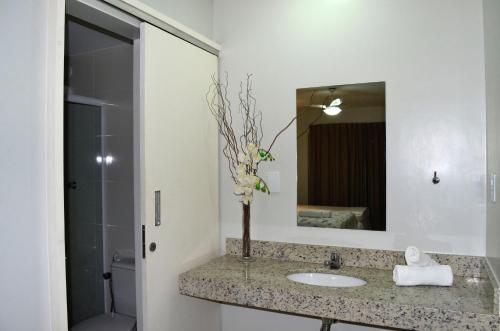 a bathroom with a sink and a mirror at Hotel São José in São Fidélis