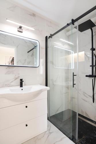 une salle de bain avec un lavabo et une douche en verre dans l'établissement Le précieux de Raoul Nancy centre avec ascenseur, à Nancy